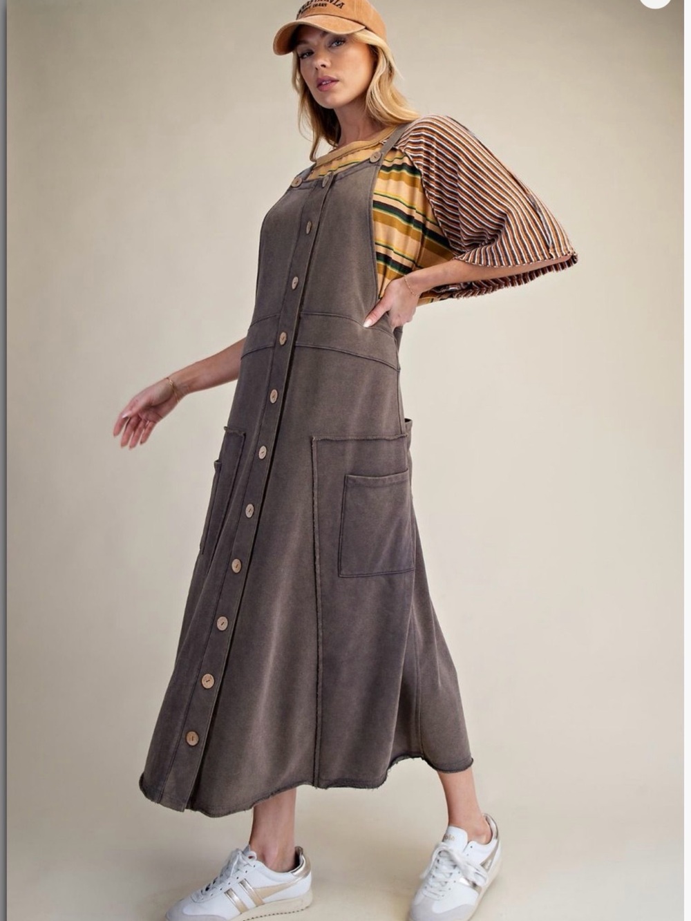 easel washed brown button-front pinafore dress